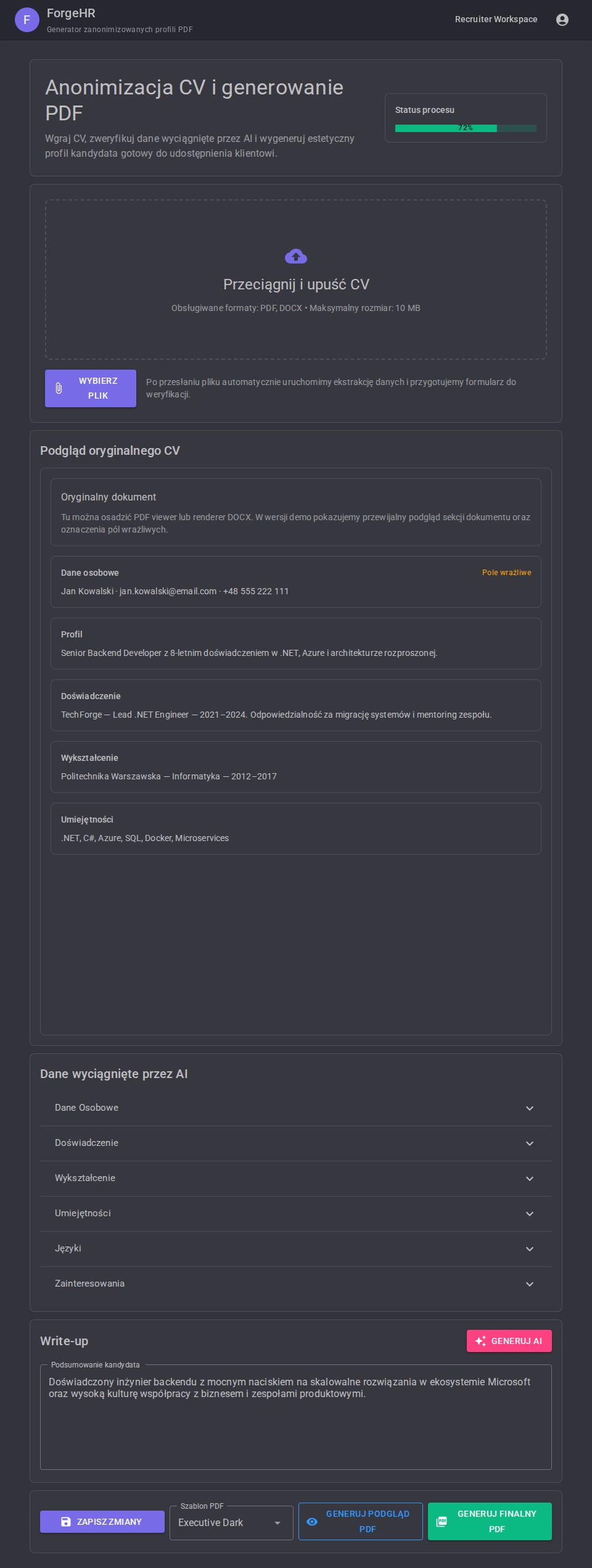 MudBlazor candidate PDF form with drag-and-drop CV upload, accordion profile editor, and modal PDF preview