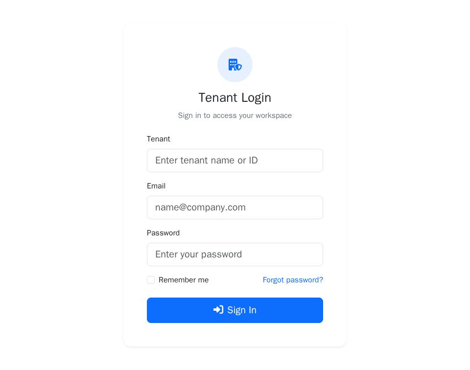 Blazor tenant login page with Bootstrap card layout, validated email and password fields, remember-me option, and status alert