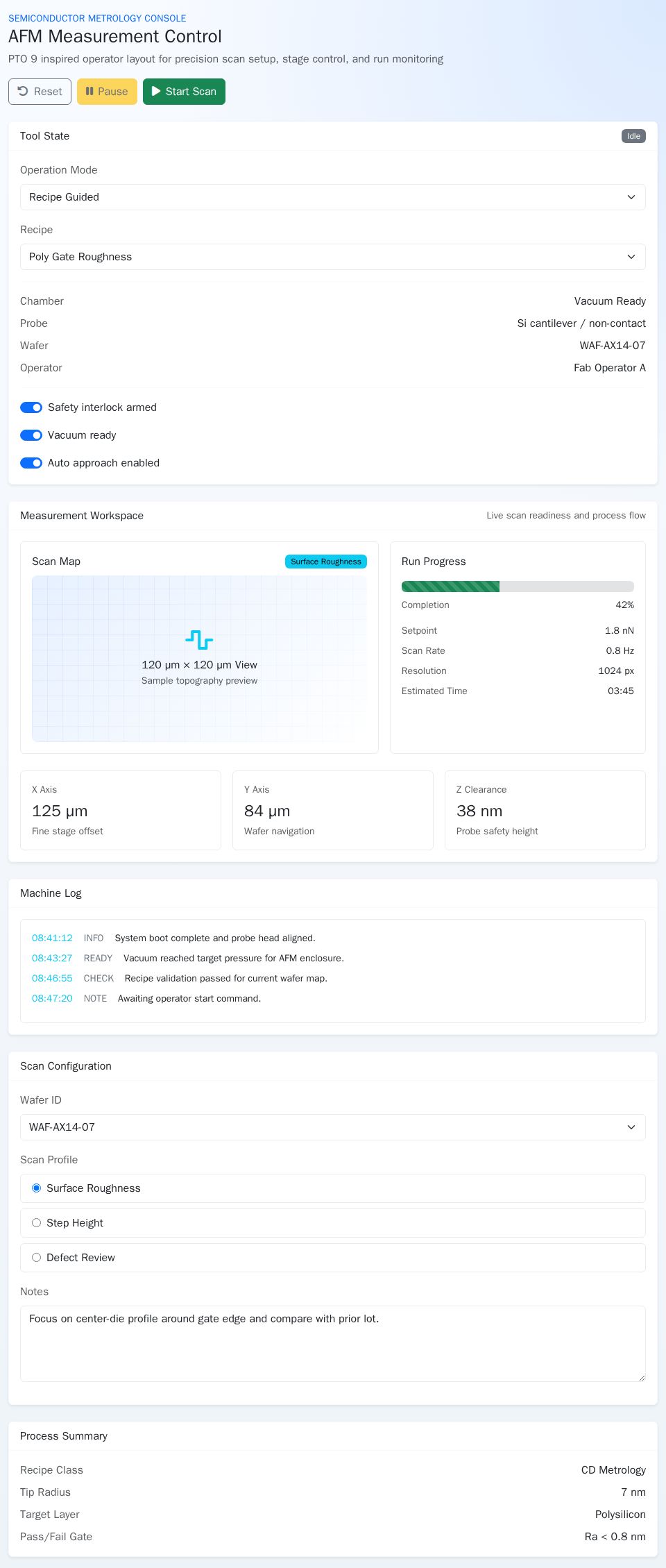 Blazor AFM control dashboard with Bootstrap cards, scan progress bar, machine log, and scan configuration form
