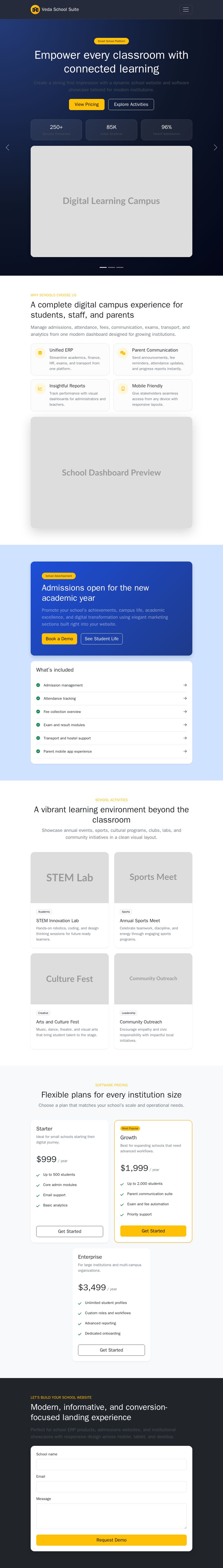 Blazor school website landing page with Bootstrap hero carousel, pricing cards, modal login, and contact form.