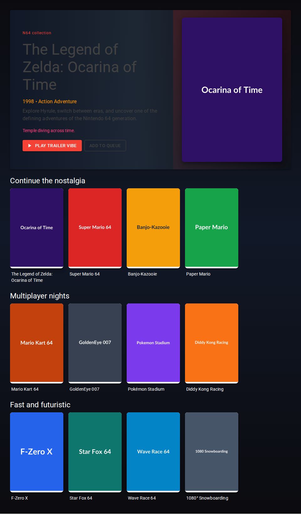 MudBlazor game carousel page with a featured N64 hero panel and horizontally scrollable game card rows