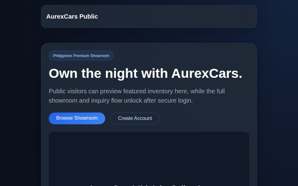 Blazor car showroom website with dark Bootstrap styling, featured car cards, login flow, and admin inventory tables.