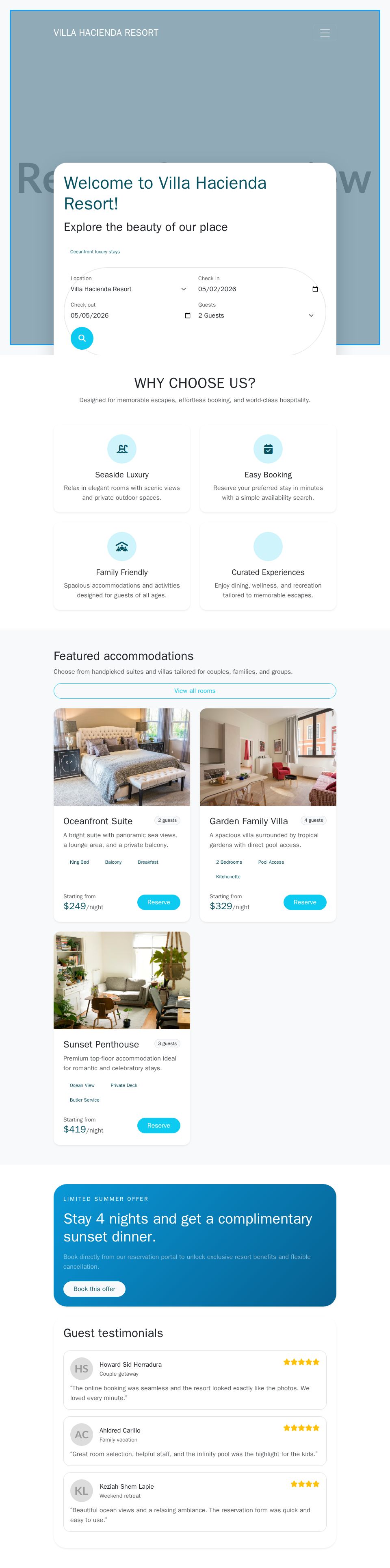 Blazor resort website with Bootstrap booking form, featured room cards, and guest testimonial section
