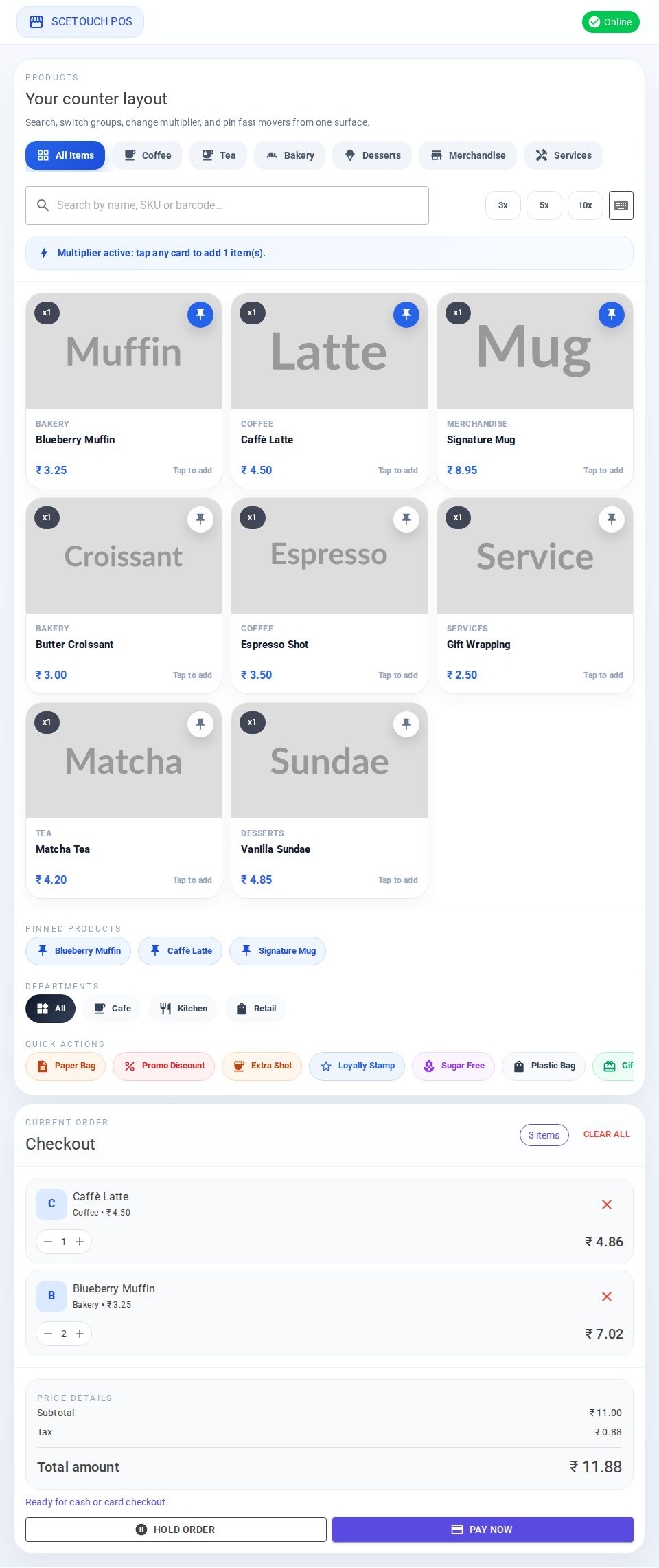 MudBlazor POS page with product card grid, category filters, pinned items, and checkout summary panel