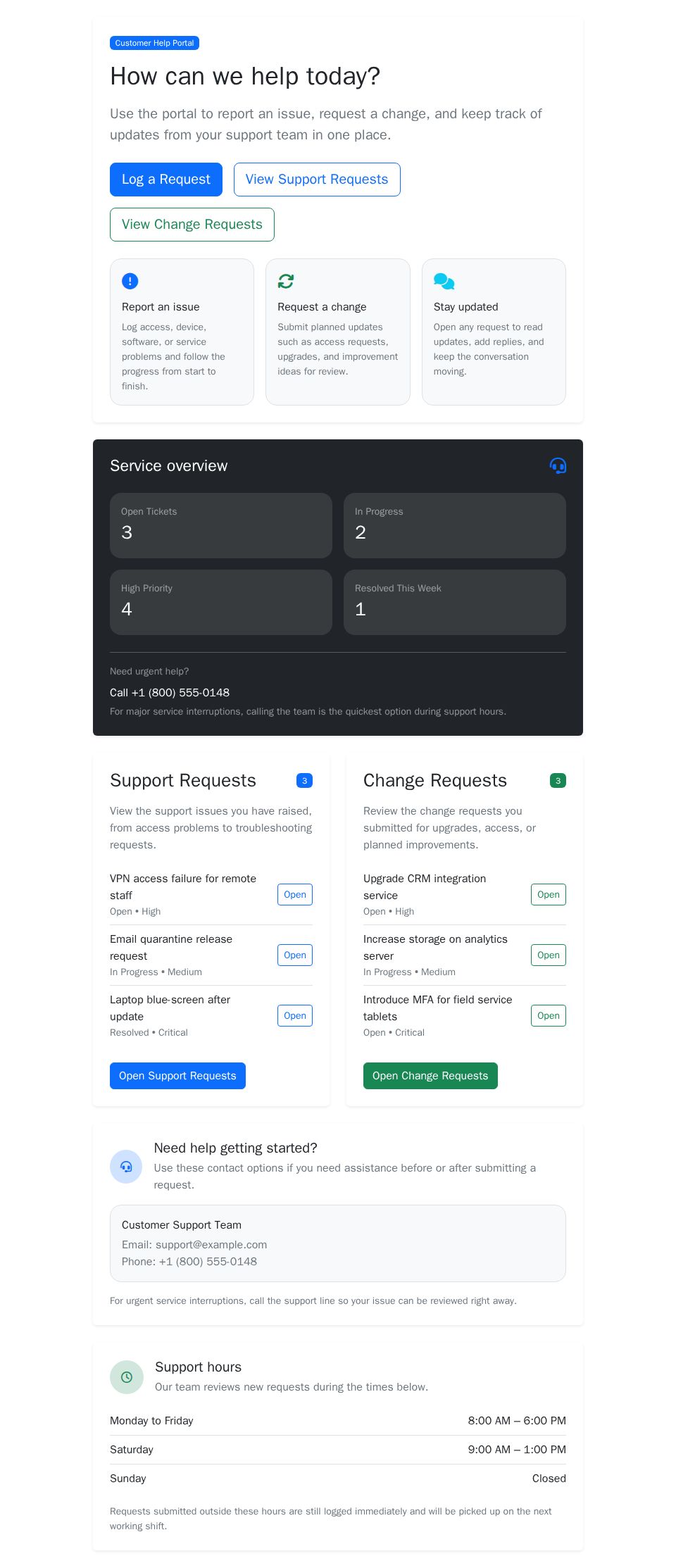 Blazor support portal page with Bootstrap cards, request filters, ticket lists, and comment plus attachment workflows