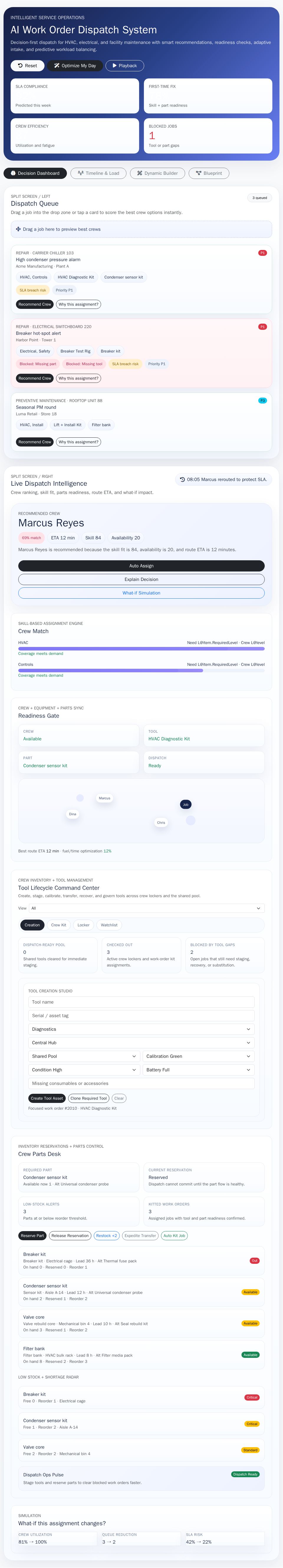 Blazor dispatch dashboard with Bootstrap styling, split-screen queue scoring, timeline scheduling, and tool inventory panels.
