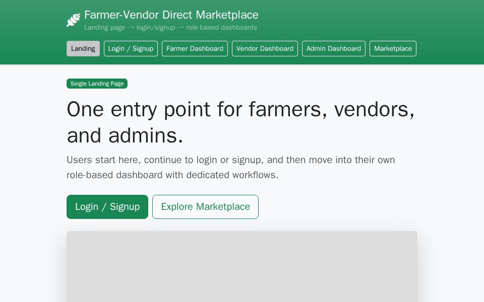 Blazor marketplace page with Bootstrap cards, role navigation, crop listings, filters, and dashboard entry points