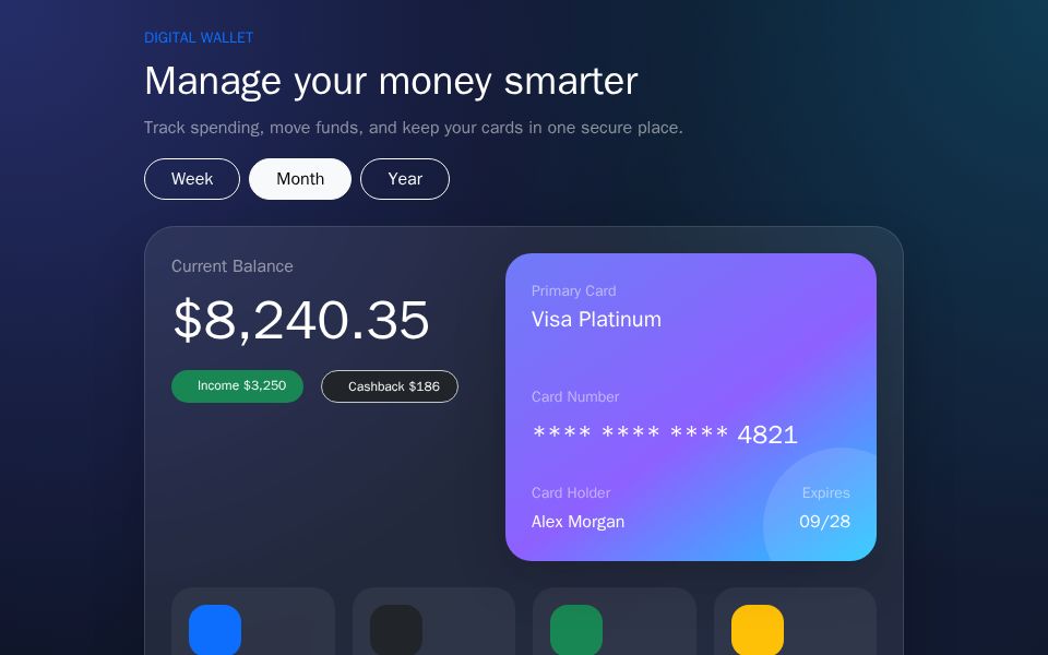 Angular wallet dashboard with glassmorphism balance cards, period filter buttons, linked cards, and transaction list