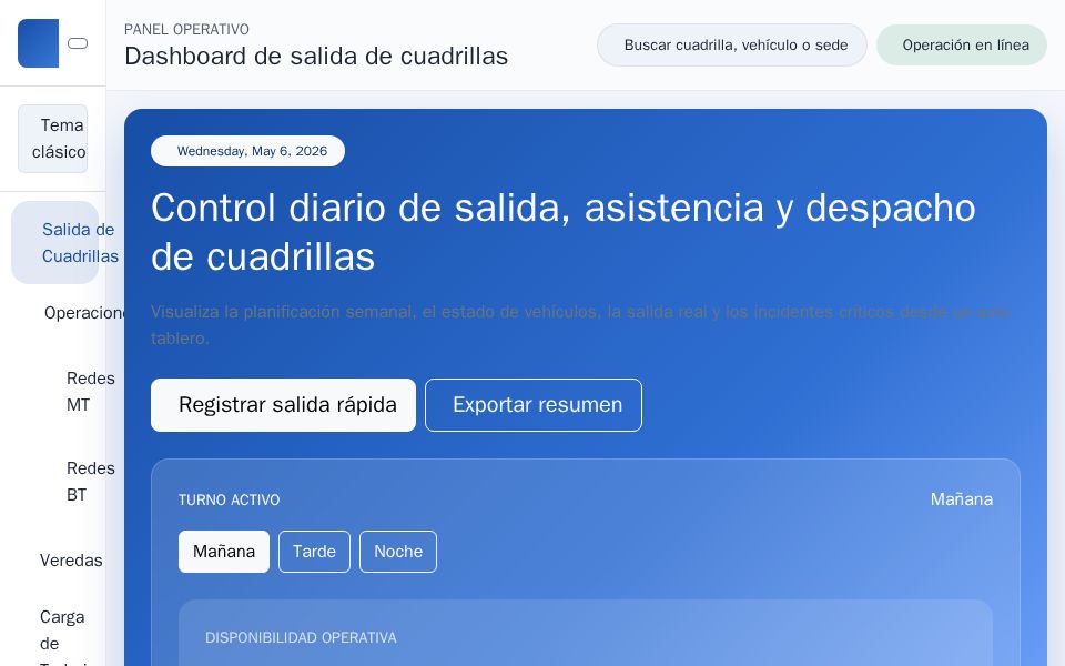 Angular admin dashboard with collapsible sidebar, crew dispatch table, KPI cards, and theme toggle in a Bootstrap layout