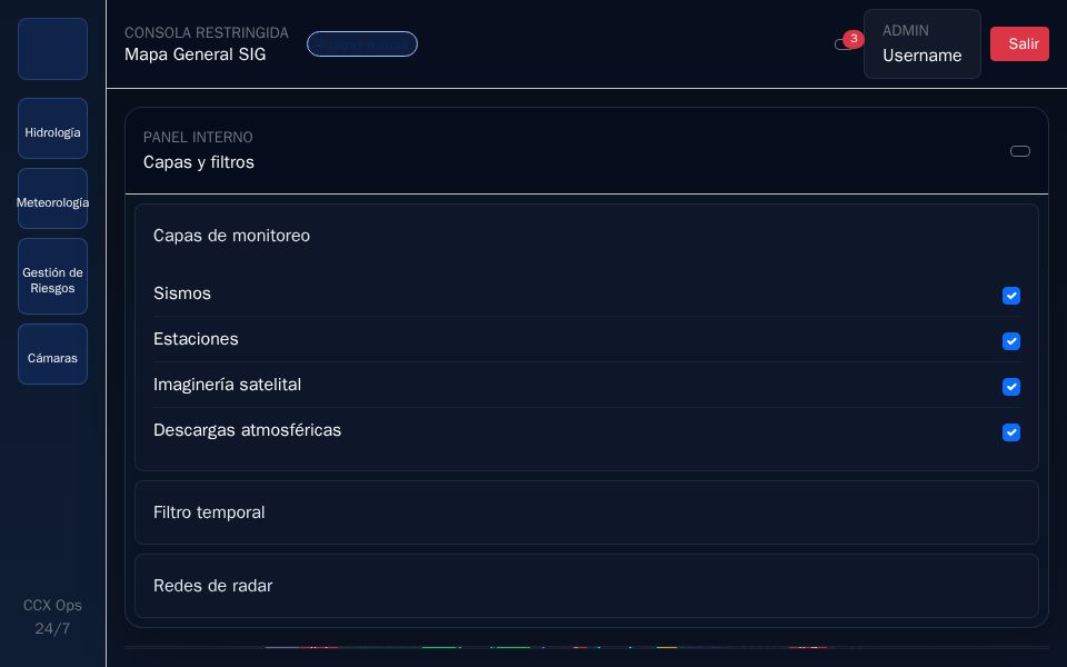 Angular GIS dashboard with a dark monitoring console, collapsible filter panel, and map markers for lightning and stations