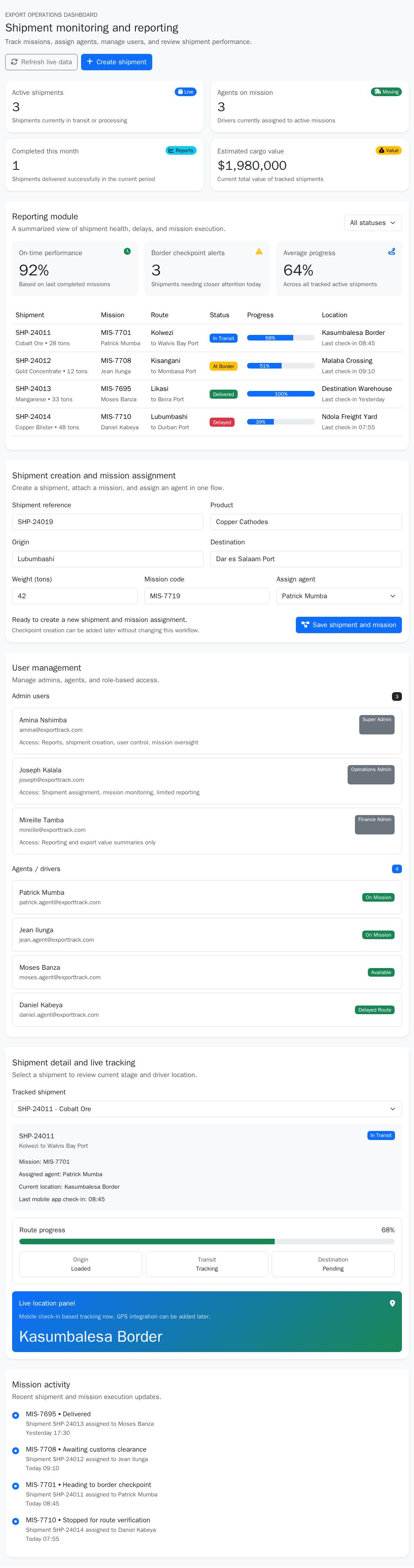Blazor shipment dashboard with Bootstrap cards, status-filtered reporting table, creation form, and live tracking panel