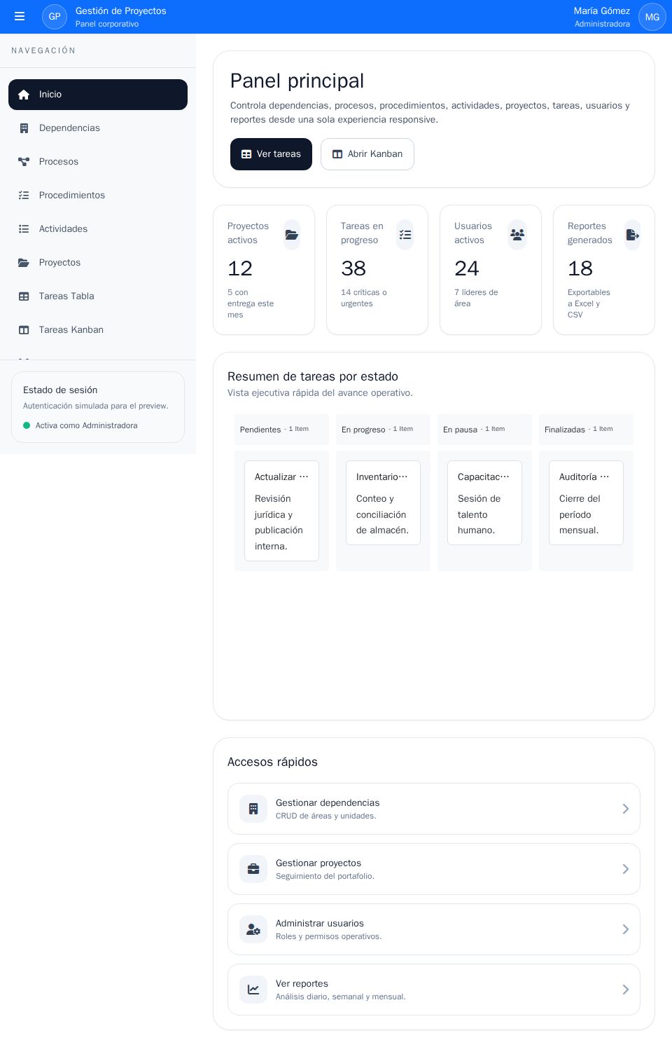 Syncfusion Blazor admin dashboard with sidebar navigation, KPI cards, and Kanban task board in a responsive layout