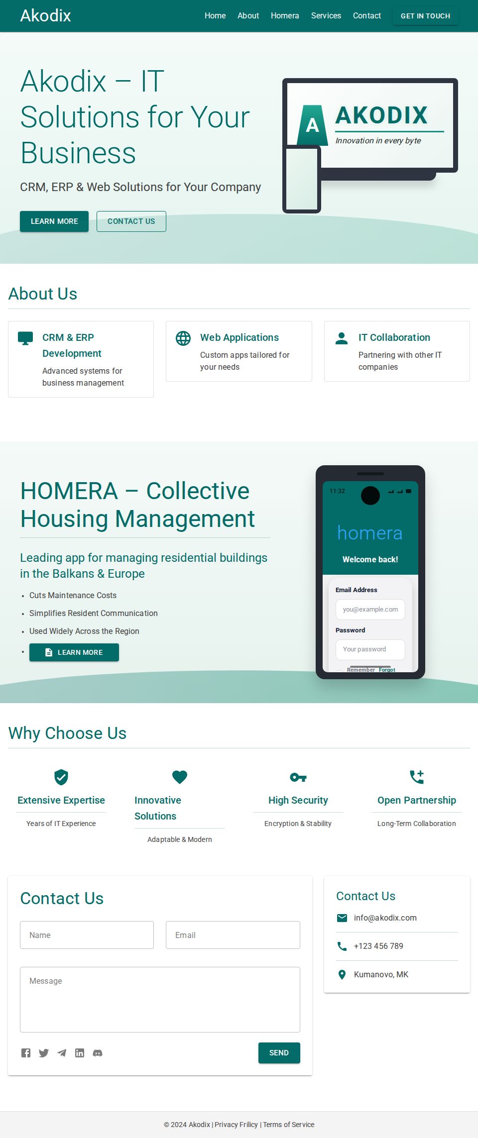MudBlazor landing page with anchor navigation, hero device mockups, feature cards, and a contact form section