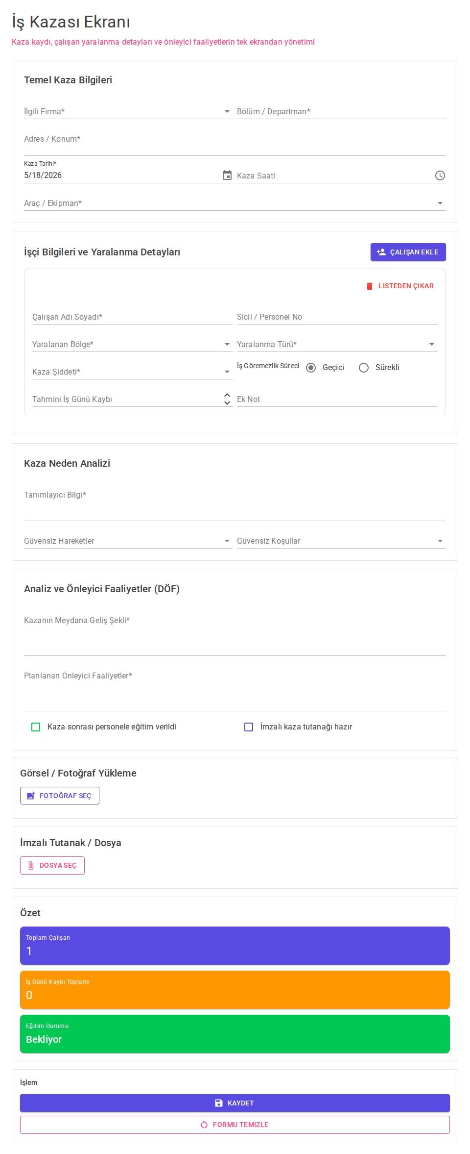 MudBlazor workplace incident form page with dynamic employee injury sections, file uploads, and summary cards