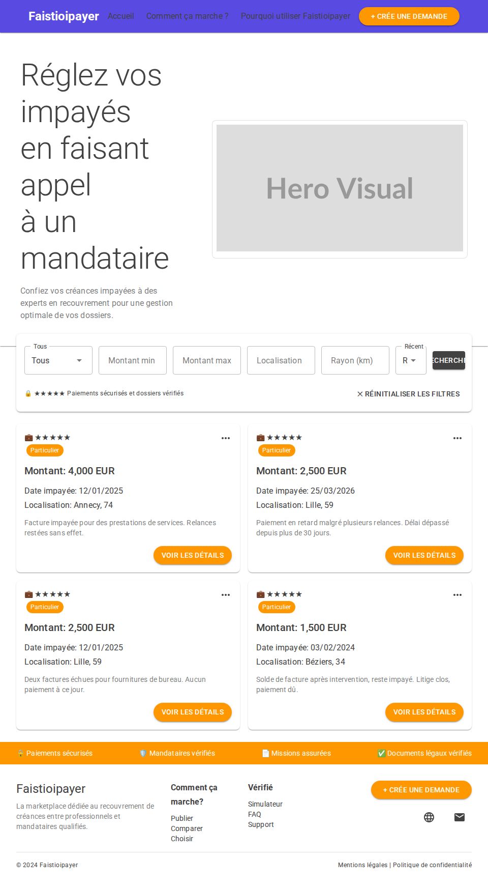 MudBlazor website landing page with hero banner, filter toolbar, and debt listing cards in a responsive grid