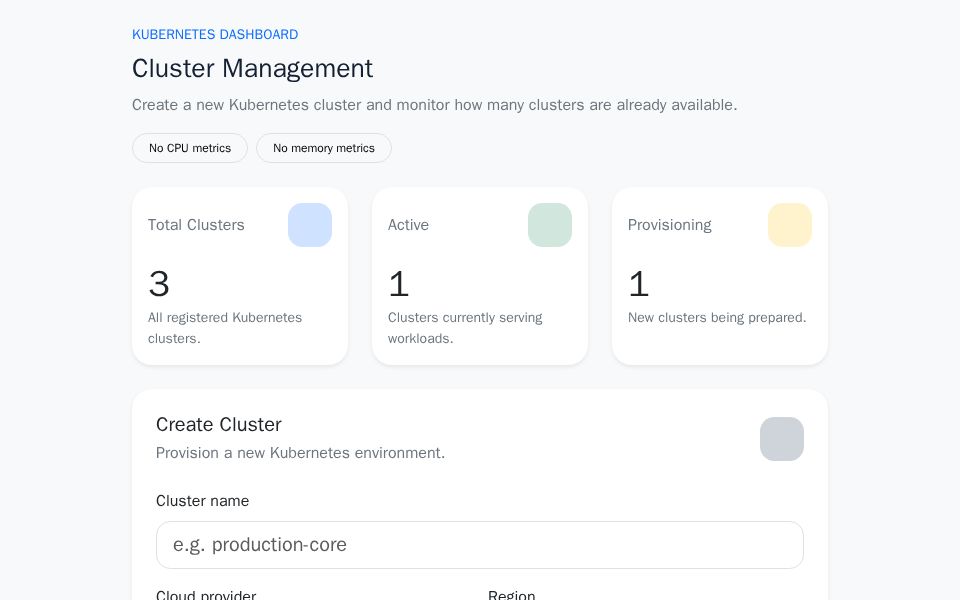 Angular cluster dashboard with Bootstrap metric cards, Kubernetes create form, and cluster list with status badges