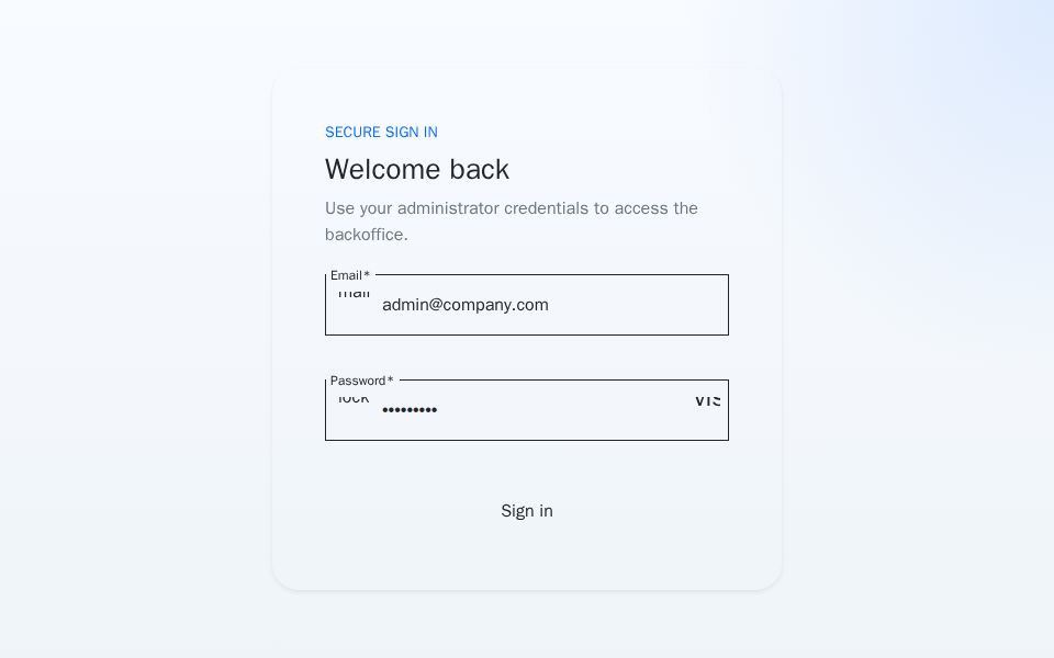 Angular Material admin panel with login form, sidenav dashboard layout, and searchable user table with filters