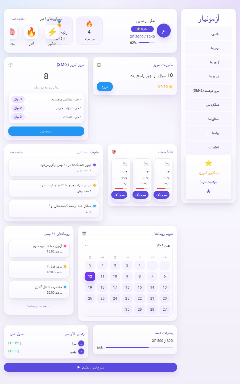 MudBlazor student dashboard in RTL layout with progress cards, review widgets, calendar panel, and mobile bottom navigation