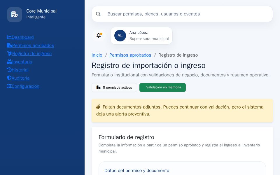 Blazor import form page with Bootstrap layout, business validation alerts, sticky summary panel, and recent records table