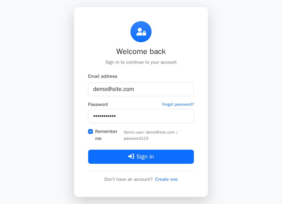 Blazor login page with Bootstrap card layout, form validation messages, remember-me checkbox, and submit success alert