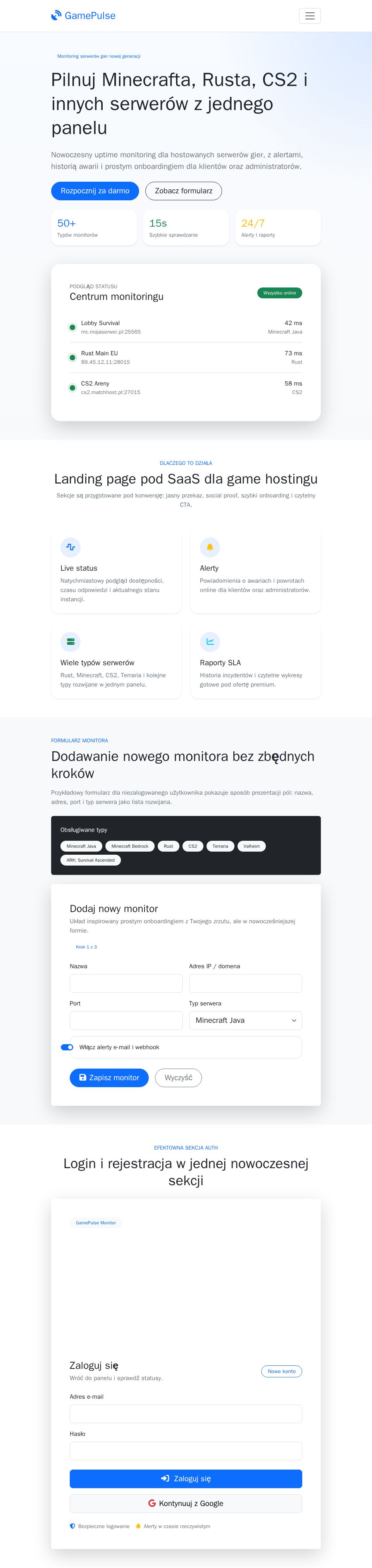 Blazor game hosting website and dashboard with Bootstrap forms, login section, status cards, and monitor table