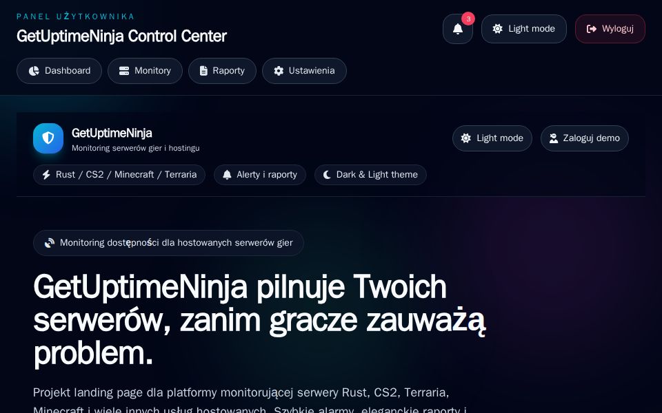Blazor SaaS dashboard and landing page with dark theme, auth tabs, sidebar navigation, and monitor status cards