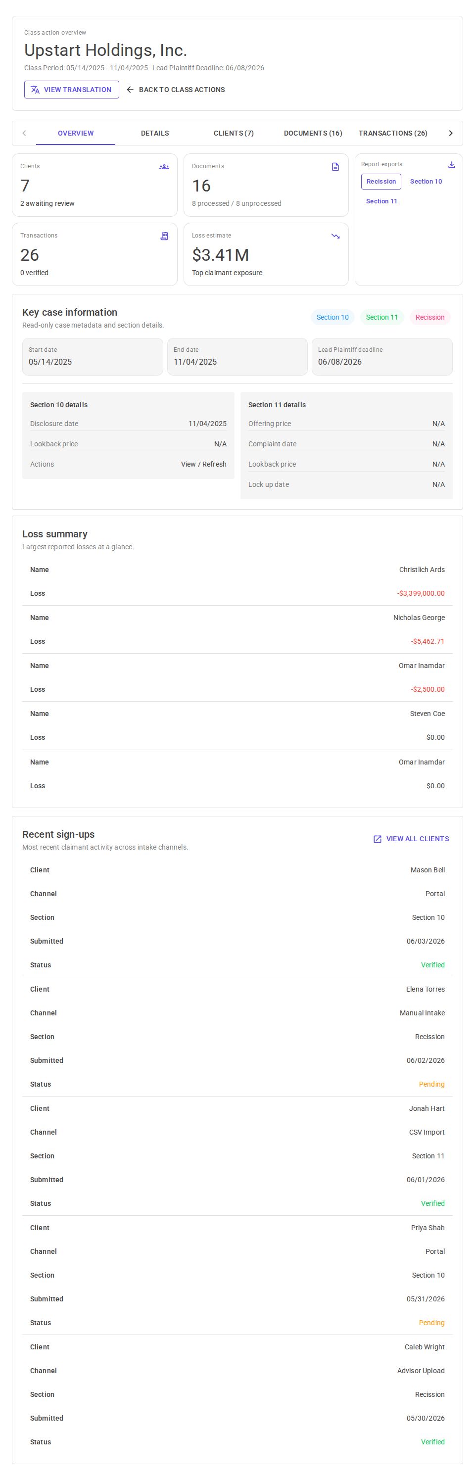 MudBlazor admin dashboard for class action overview with tabs, summary cards, and responsive data tables