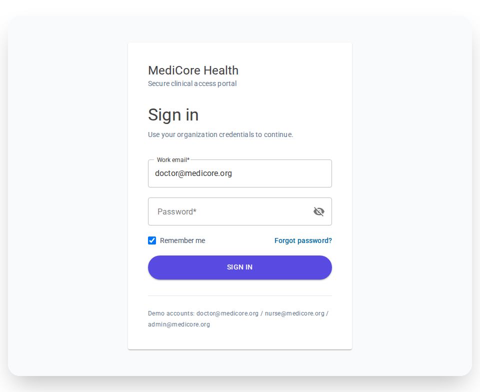 MudBlazor login form page with healthcare branding, password visibility toggle, remember-me option, and validation state