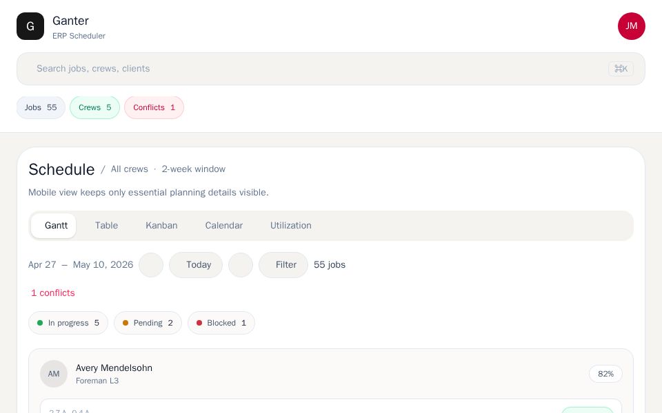 Angular ERP scheduler dashboard with gantt timeline, search filter, and view tabs for calendar and utilization