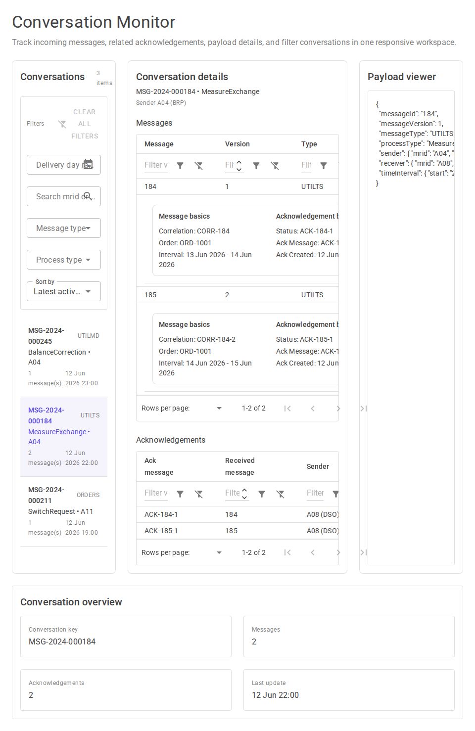 MudBlazor admin panel conversation monitor with filter sidebar, dual data grids, and JSON payload viewer