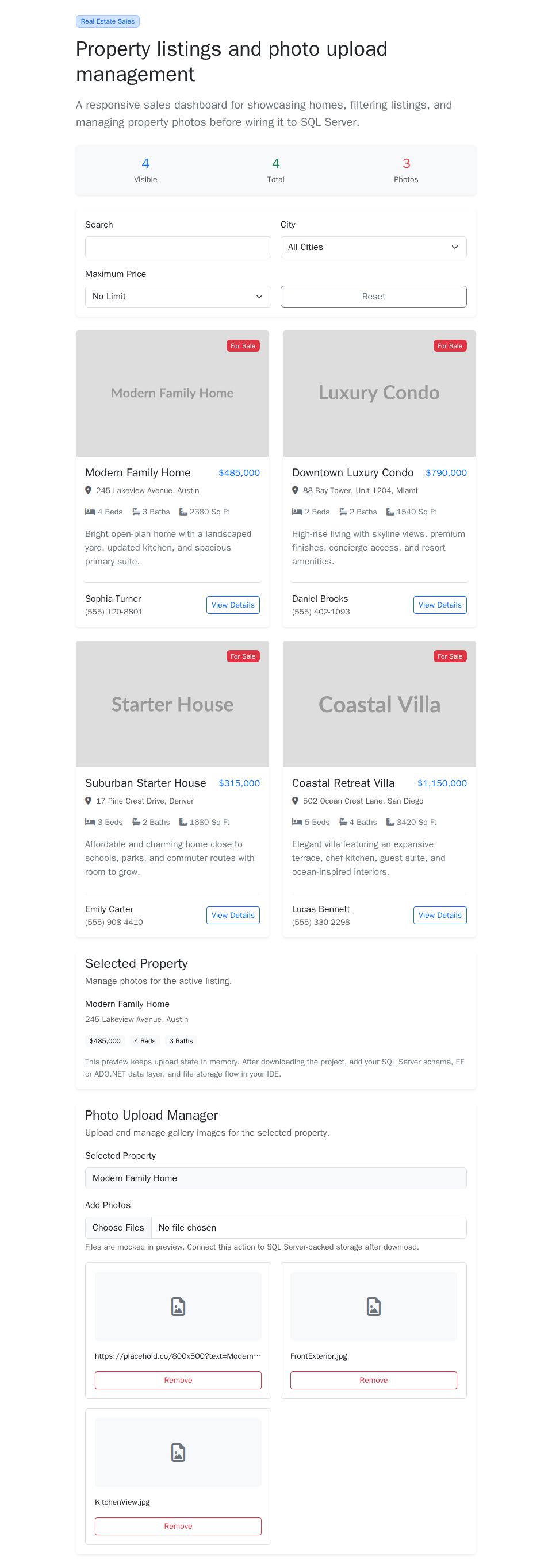 Blazor property dashboard with Bootstrap listing cards, filter controls, and a photo upload manager sidebar