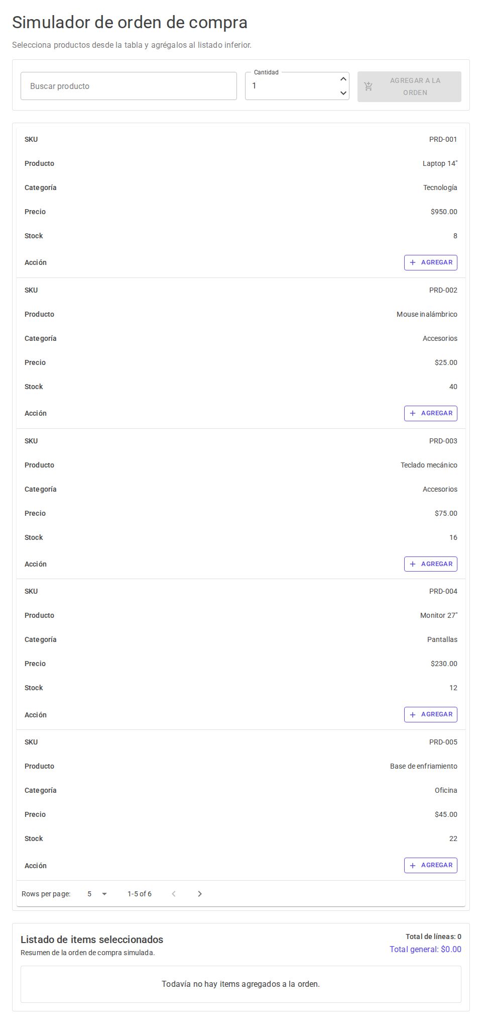 MudBlazor purchase order page with searchable product table, quantity input, add actions, and order total summary
