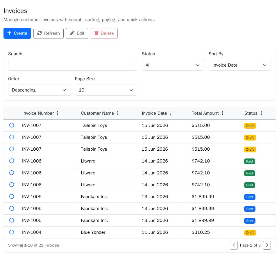 Blazor admin panel invoice manager with Bootstrap filters, sortable invoice table, and validated create/edit modal form