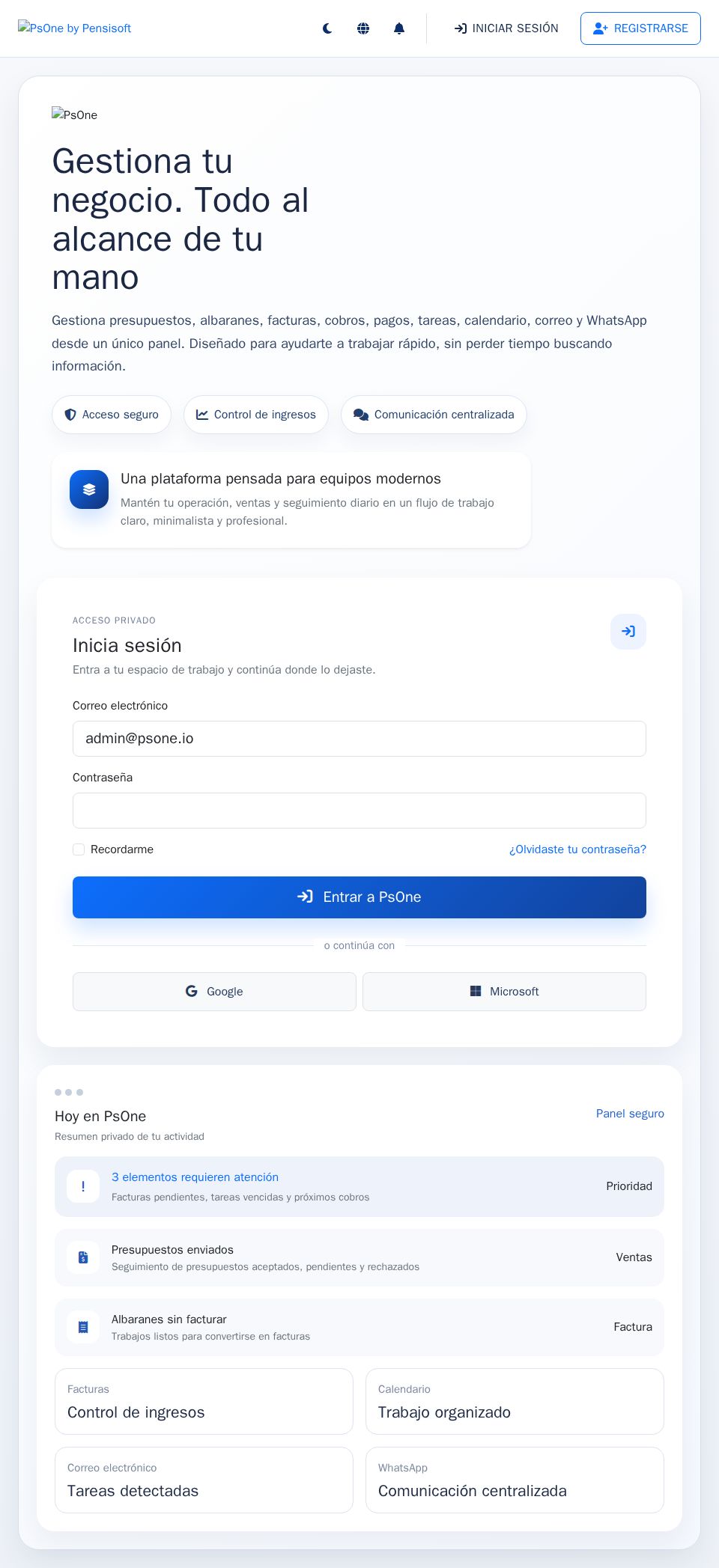 Blazor login page with Bootstrap-style split layout, validated sign-in form, social buttons, and activity summary cards.