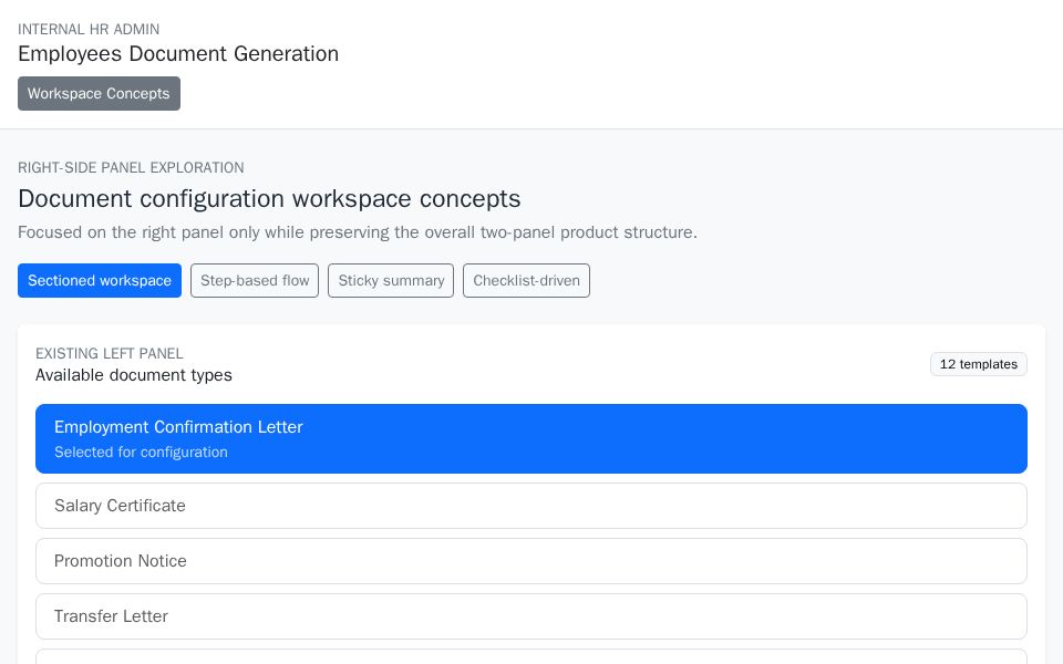 Angular admin panel for employee document generation with workspace concept tabs, readiness status cards, and Bootstrap two-panel layout