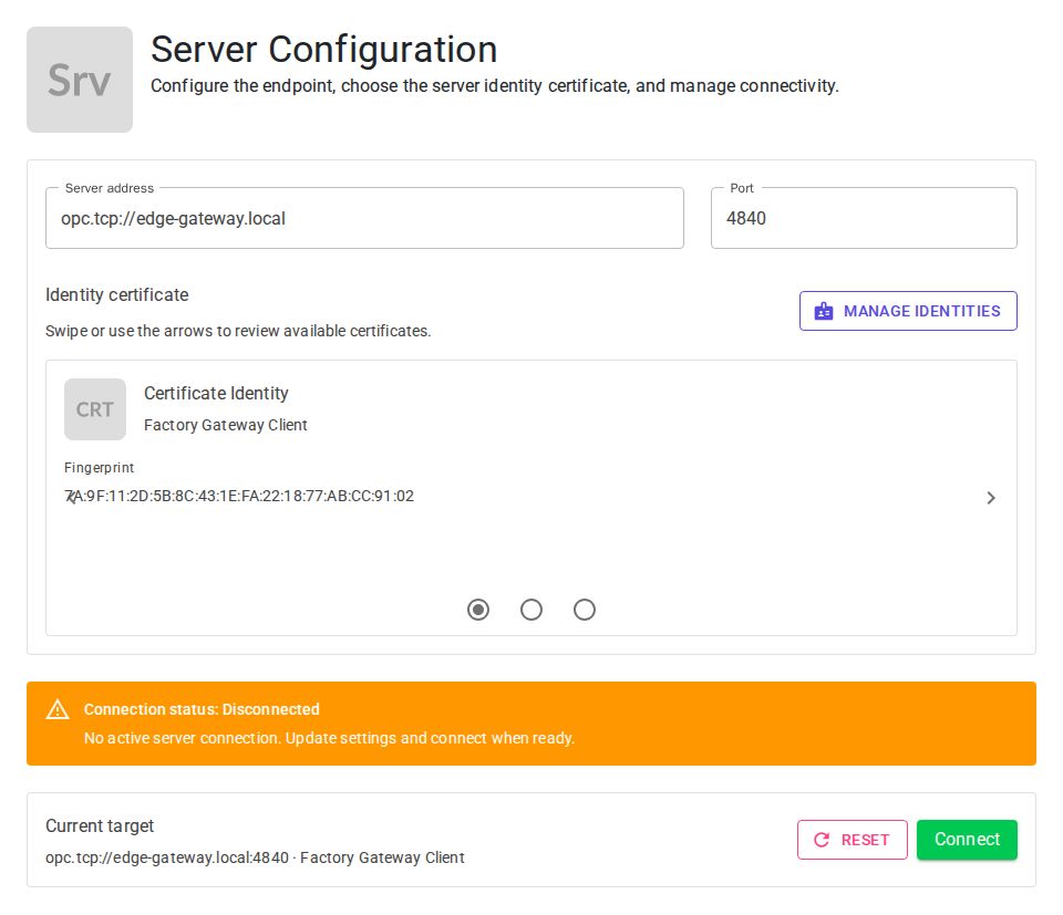 MudBlazor server configuration form with certificate carousel, status alert, and connect button plus identity management interactions