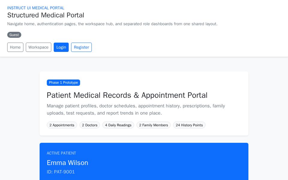 Blazor medical portal dashboard with Bootstrap cards, role-based pages, appointment forms, and report trend charts