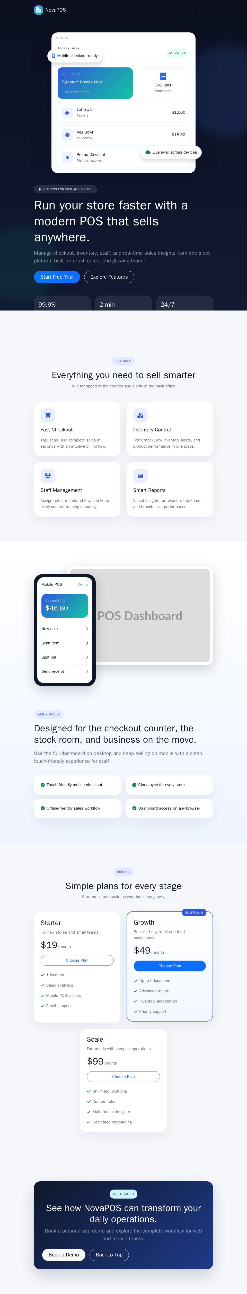 Blazor POS landing page with Bootstrap layout, sticky anchor navigation, feature cards, and highlighted pricing plan