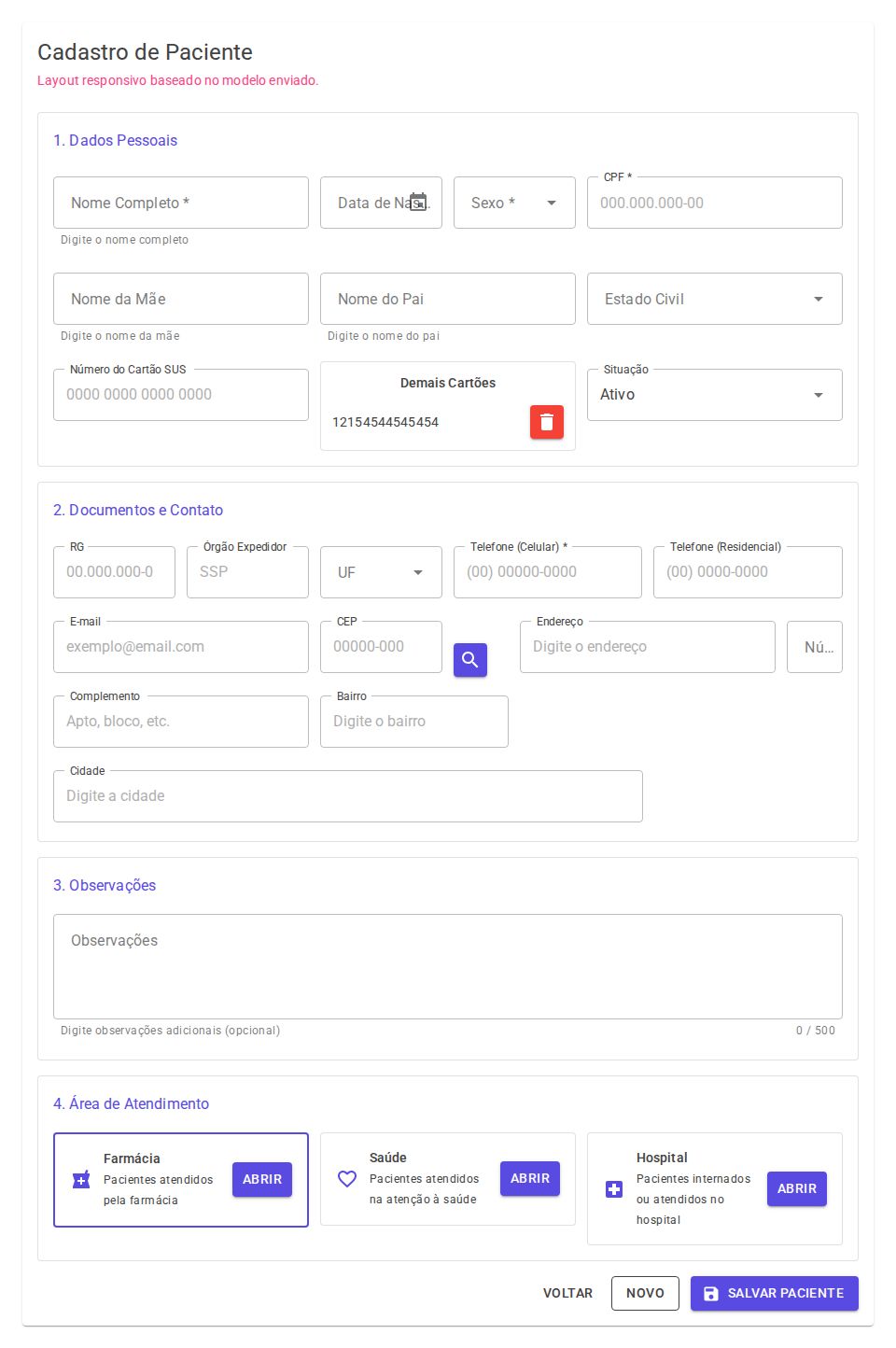 MudBlazor patient registration form with multi-section inputs, ZIP lookup button, and service area selection cards