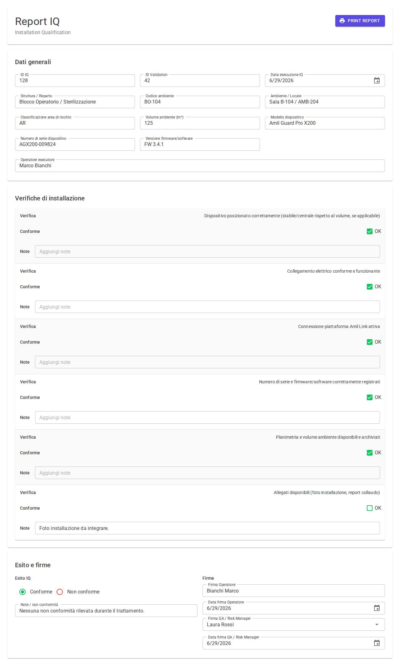 MudBlazor Report IQ form with responsive fields, installation checklist table, radio result selector, and signature inputs with date pickers for a report page like Blazor forms
