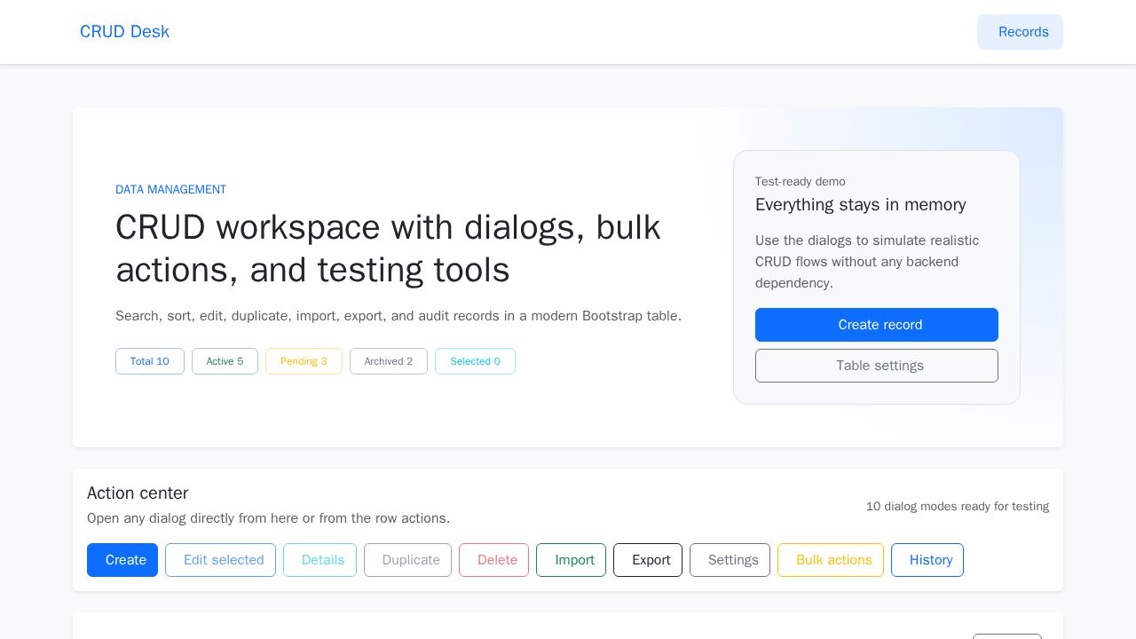 Angular Bootstrap CRUD admin page with summary badges, filter bar, sortable table, and modal dialogs for record actions