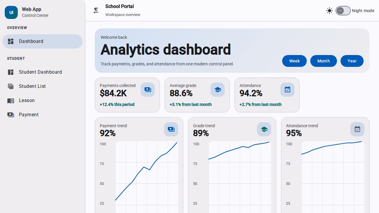 Angular Material school portal dashboard with responsive sidenav, analytics cards, and student tabs with status pills