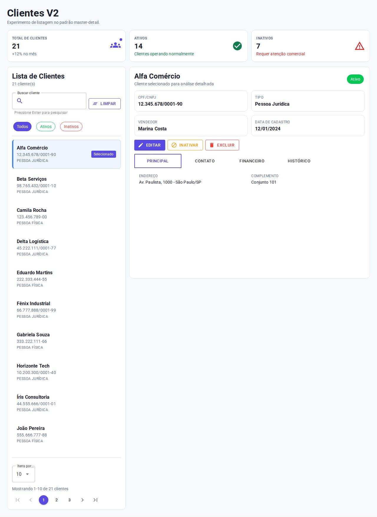 MudBlazor master-detail admin page for clients with KPI cards, search filters, tabs, pagination, and edit dialogs in Blazor.