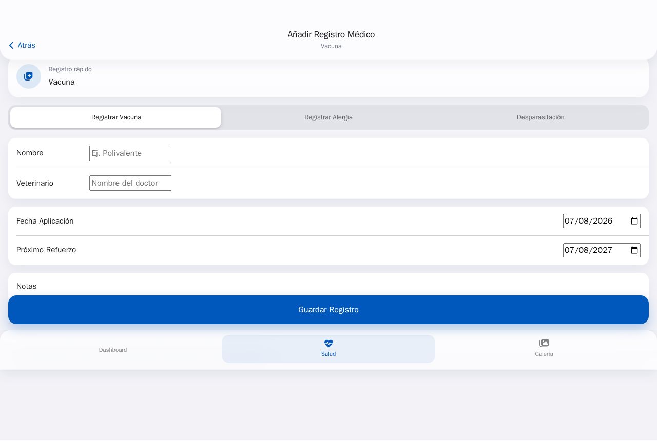 Blazor medical record form with segmented tabs, date inputs, and a fixed save button in a mobile layout.