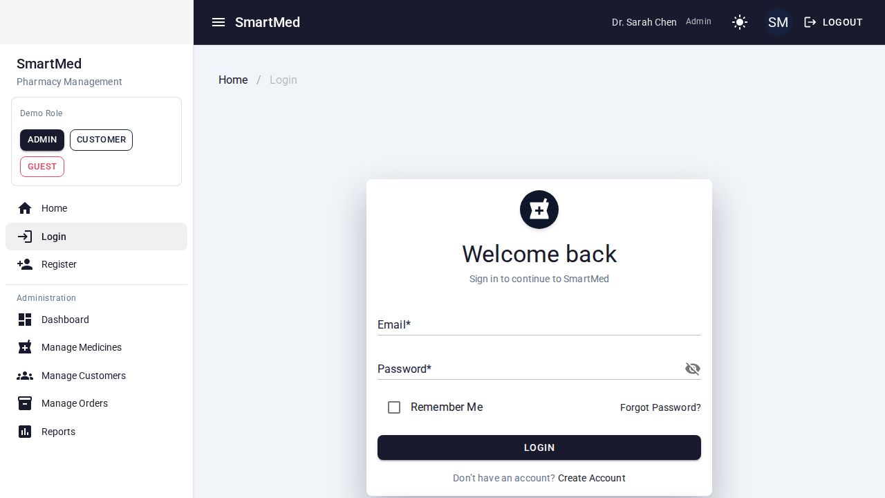 MudBlazor SmartMed admin dashboard with drawer nav, login card, sortable tables, and edit dialogs, plus dark mode and filters