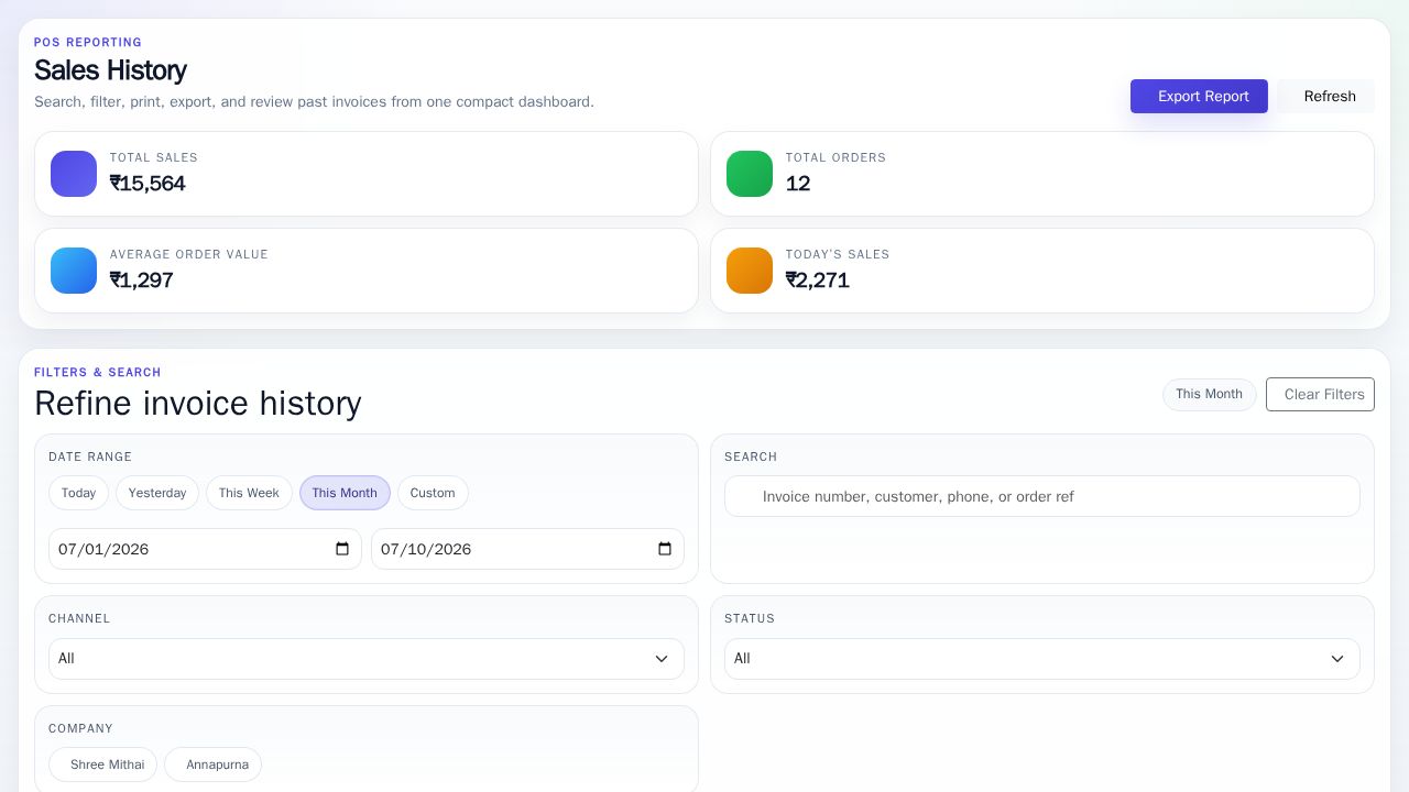 Angular POS dashboard with Bootstrap invoice table, filter chips, export menu, sortable columns, and invoice modal preview