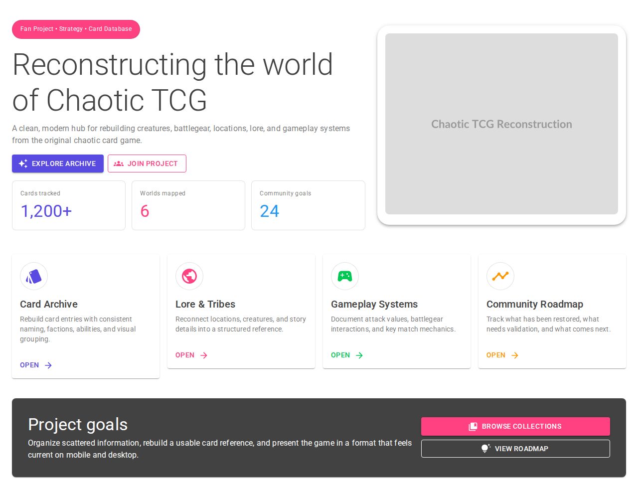 MudBlazor website landing page for a Chaotic TCG project with hero text, stat cards, feature tiles, and CTA buttons, plus a preview panel and responsive layout.