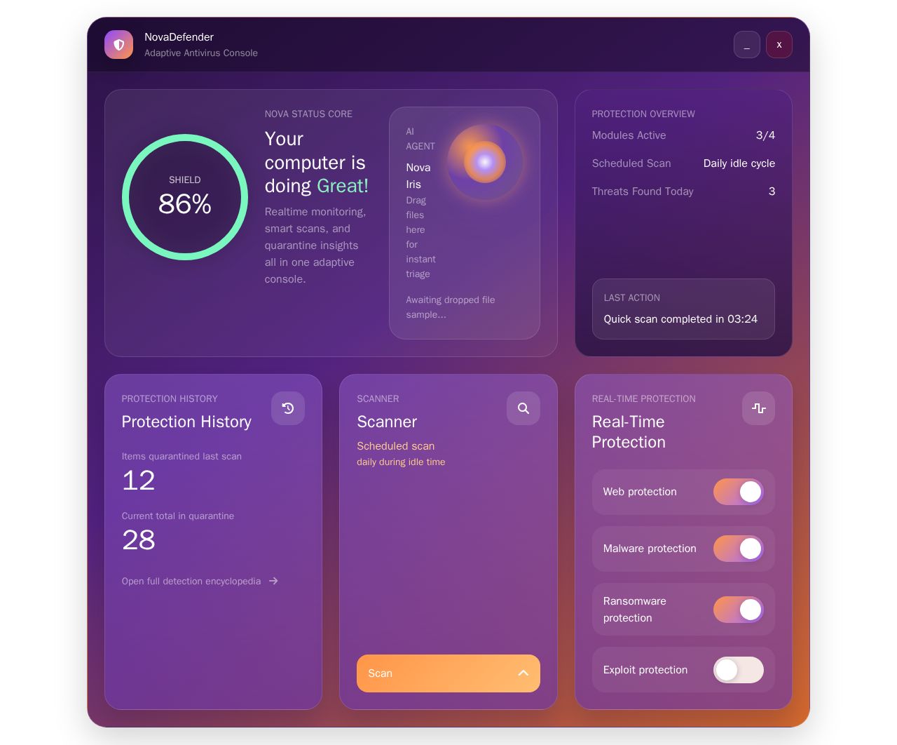 Blazor security dashboard with status ring, scan menu, toggle controls, and threat history cards in a purple glass UI.