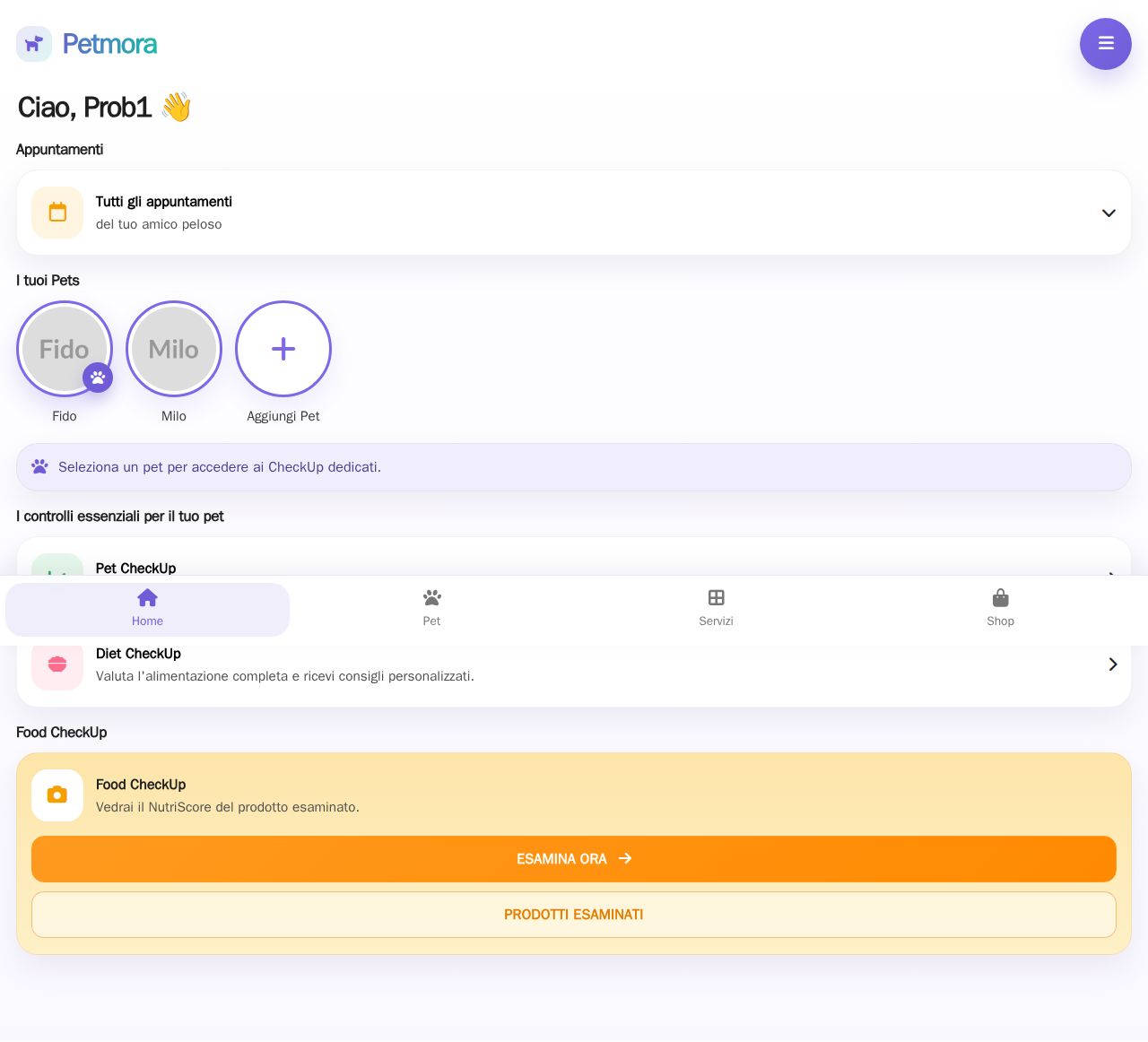 Blazor pet home dashboard with pet tiles, appointment card, and fixed bottom navigation in a soft gradient layout.