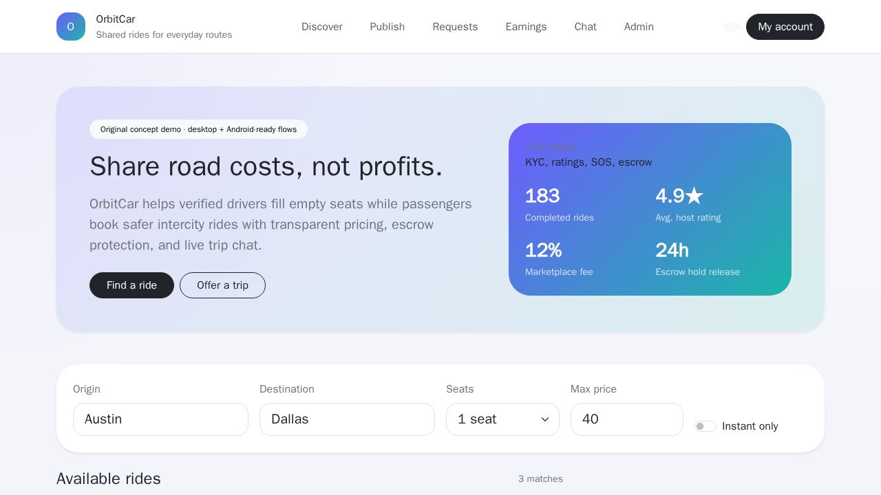 Angular ride-share web app with Bootstrap cards, route navigation, ride filters, pricing preview, and admin controls